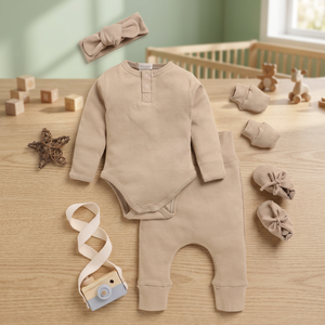 Ensembles de vêtements pour bébé en bambou biologique de qualité supérieure avec élasthanne, lot de 5, incluant bandeau Latte, couette et bonbons, fabriqués en Inde - Product Image 2