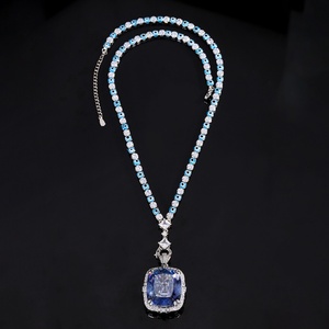 High Quality Gold Dainty Eco-friendly Copper Necklace Rings 20*23mm Square <b>Pink</b> Blue Cubic Zirconia Wedding Jewelry Set Women - Product Image 2