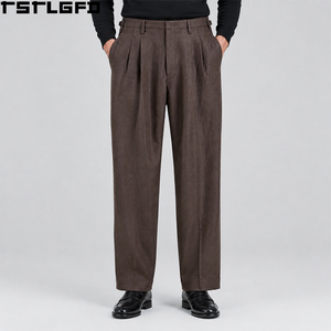 Oem Odm Double Pleated <b>Trousers</b> <b>Men</b> Chocolate Brown Linen Cotton Blend High Waisted <b>Wide</b> <b>Leg</b> Smart Casual Wholesale Bulk - Product Image 1