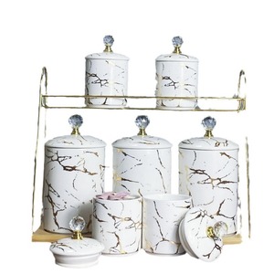 Pink Marble Ceramic Storage Jars <b>Set</b> With Gold Rack 7 Piece Kitchen <b>Canisters</b> Airtight Lids For Pantry Organization - Product Image 4