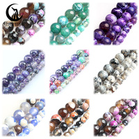 Perles rondes en pierre naturelle Zhe Ying ZY-Fire Dragon Veins Agates multicolores pour bracelet DIY, pierres en vrac, agate de feu pour la fabrication de bijoux