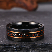 POYA Jewelry Fashion Bague en tungstène noir martelé incrusté de météorite et d'os de dinosaure de 8mm pour fiançailles de mariage ou cadeau
