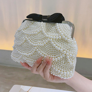 Borse eleganti da sposa di nuovo stile borse da sera con perline bianche con fiocco-nodo nero con pochette di perle modello quadrato per feste - Product Image 3