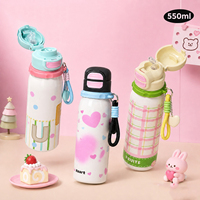 Botol Termos Stainless Steel Bentuk Peluru Kartun Lucu 550ml, Botol Air Vakum Terisolasi dengan Sedotan Lipat dan Tali Gantungan untuk Anak-Anak