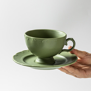 Ensemble tasse et soucoupe en céramique de style français vintage moderne minimaliste, tasses à café, thé, latte, luxe, vert sauge mat, pour la maison - Product Image 2