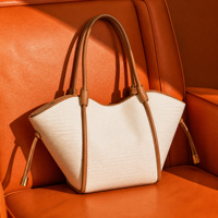 Bolso Tote de Lona Color Crema Cognac con Detalles en Cuero PU, Bolso Tote Elegante y Chic para Mujer, Personalizable OEM
