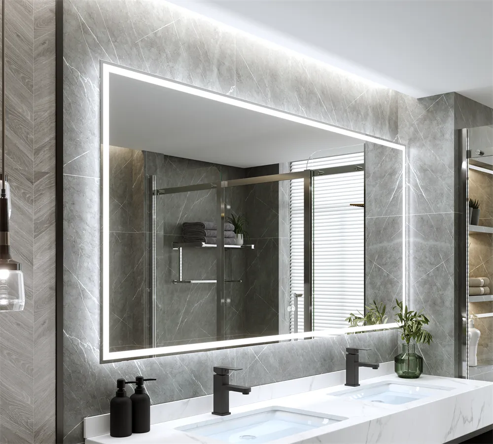 Chúng Tôi Hàng Tồn Kho Tempered Glass Vanity Gương Thay Đổi Độ Sáng Chống Sương Mù Treo Tường Trang Điểm Gương LED Ánh Sáng Thông Minh Phòng Tắm Gương