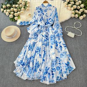 Vestido de Gasa con Estampado Floral Elegante Francés <span class=keywords><strong>para</strong></span> Mujer, Primavera Verano, Casual, Ajustado, Amplio, con Cuello de Lazo <span class=keywords><strong>para</strong></span> Vacaciones - Product Image 2