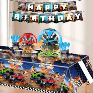 Platos, Vasos y Servilletas Desechables con Diseño de Camiones Monstruo para Fiestas de Cumpleaños, Decoraciones para Eventos y Suministros para Fiestas - Product Image 1