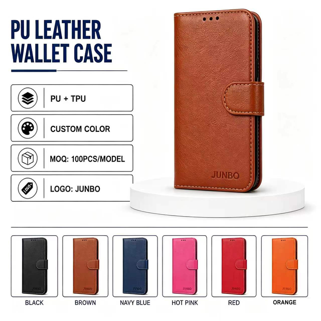 JUNBO PU Leather Flip Cover Soft TPU Inner Shell Magnetic Closure Card Pocket Kickstand Wallet Case for iPhone 16 17 18 Pro Max