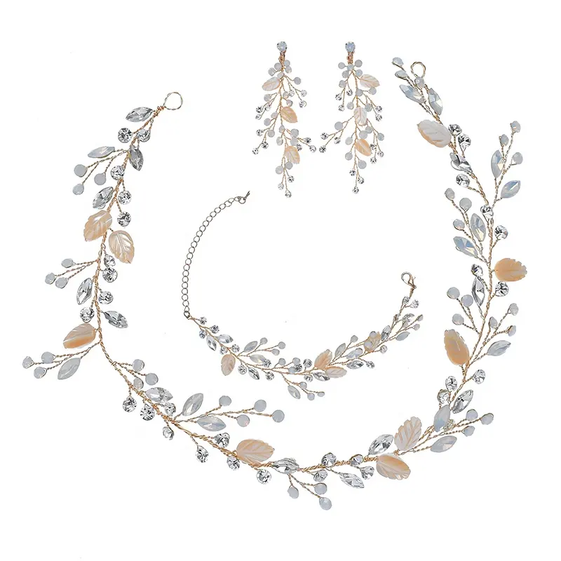 Fancy Chain Bracelet Shell Leaves Haarband Strass Ohrringe für Mädchen Elegante Party Schmuck Sets