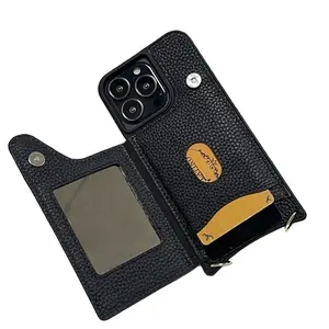 街头时尚斜挎镜子翻盖钱包手机套，功能真皮卡袋手机套，适用于iPhone 14 pro max
