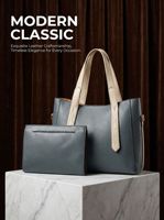 Set Tas Tote Wanita 2-in-1 Kulit PU Gelap dengan Tali Kontras Beige dan Kantong Resleting Senada Motif Lichee