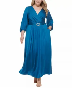 2023 Spring Elegant Fat Women Blue 3 / 4 Blouson Sleeve Ruffle Jersey Gown with Waist Belt