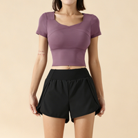 Ensemble de yoga 2 pièces pour femme, haut court à col en V et manches courtes, short de course taille mi-haute à séchage rapide, tenue de sport et fitness