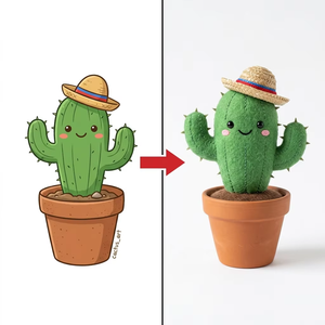 Poupée <span class=keywords><strong>cactus</strong></span> en peluche personnalisée en pot avec chapeau de paille tressé et texture de feutre à épines, adaptée à partir de dessin de plante originale du client - Product Image 1