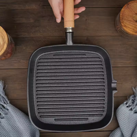 Poêles à frire antiadhésives carrées pour barbecue de camping en plein air pré-assaisonnées poêle à frire en fonte poêle à steak avec poignée en bois détachable