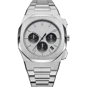 Gümüş beyaz OEM kendi logo lüks 3atm su geçirmez chronograph bilek saatler erkekler