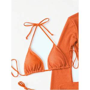 Ensemble de bikini 4 pièces personnalisé pour femme avec paréo, maillot de bain orange, design torsadé, extensible, en spandex et polyester - Product Image 5