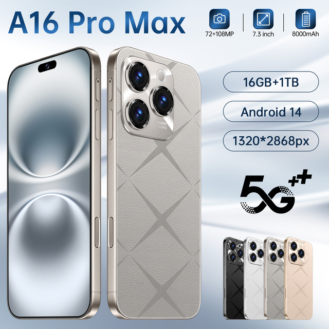 16+1TB 16 Pro Max Dual SIM 5G Smartphone 7.3 HD+ Screen 72MP+108MP Camera 8000mAh Battery French/Spanish/English