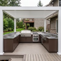 Meubles de cuisine extérieurs modulaires personnalisés en acier inoxydable marron en forme de U, incluant un barbecue à gaz, une évier et un four, pour pergola et terrasse