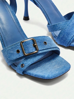Sandales à talons hauts pour femmes en toile bleue, à bout ouvert carré, avec bride de cheville à boucle et rivets à œillets, talon évasé, chaussures habillées pour la vente en gros