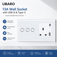 Prise murale UBARO standard britannique 13A avec ports USB-A et Type-C, panneau en verre trempé de luxe, prise de courant à 3 gangues avec interrupteur