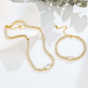 18K Gold Plated Stainless Steel Tennis Chain Women's Jewelry <b>Set</b> <b>Square</b> Zircon Crystal Rhinestone Pendant Trendy Daily Wear - Product Image 1