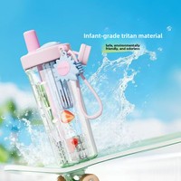Bouteille d'eau Tritan mignonne de 700 ml avec paille et infuseur à fruits, sans BPA, anti-fuite, couvercle à clapet, sangle portable, écologique, pour usage extérieur