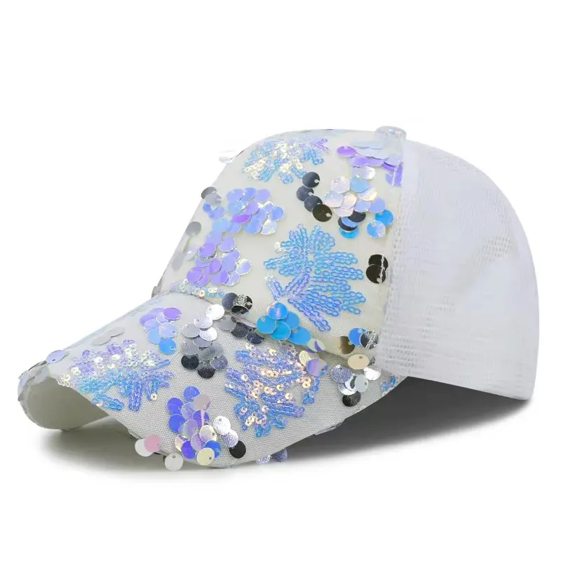 Fashion Custom Bling 5 Panel Ponytail Baseball mesh Cap Sequin baseball Hat For Woman