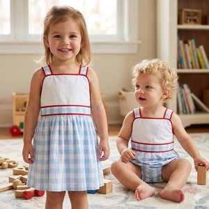 <span class=keywords><strong>Robe</strong></span> <span class=keywords><strong>d</strong></span>'<span class=keywords><strong>été</strong></span> personnalisée pour petites filles, motif écossais bleu avec bordure rouge, en coton tissé, tenue de soleil assortie pour sœurs - Product Image 1