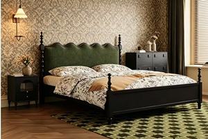 Premium <b>Queen</b> <b>Size</b> Black Wood Spindle <b>Bed</b> With Green Velvet Scalloped Headboard For Bedroom - Product Image 6
