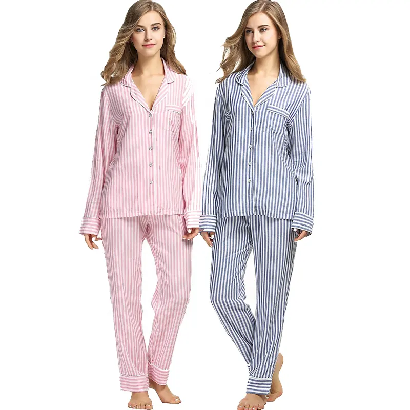 Conjuntos de ropa de dormir de algodón 100%, pijamas de rayas rosas para mujer