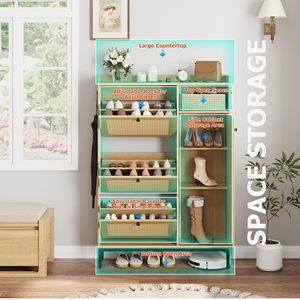 Scarpiera Moderna Sunrise in Rattan a <span class=keywords><strong>3</strong></span> Cassetti, Organizzatore Portascarpe in Legno a 4 Livelli con Ripiani Regolabili per Ingresso - Product Image 4