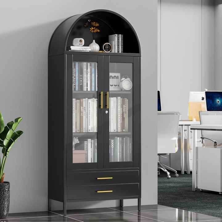 73-Inch Modern Farmhouse Arched Bookcase 2 Drawers 2 Adjustable Shelves Kitchen Pantry Cabinet Glass Doors Black Assembly