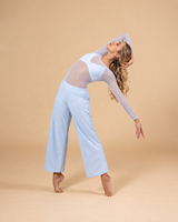 EDREI Costume de danse contemporaine lyrique bleu clair pour femme, en Spandex/Polyester, avec corsage en maille transparente à manches longues et bretelles contrastantes larges