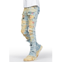 AeeDenim <strong>Best</strong> <strong>Sellers</strong> Men's Mid <strong>Distressed</strong> Pencil Pants Breathable Multi-Pocket Knitted Multi-Pocket Paint Splashed for Men