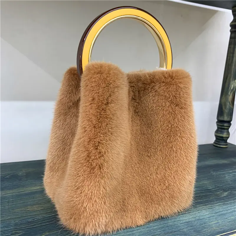 High Quality Women Winter Genuine Mink Fur Leather Shoulder Bag Clutch Purse Handbag