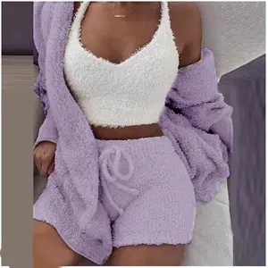 Pemasok Dropshipping Knit Fuzzy Pakaian Tidur Velour Loungewear Celana Pendek Set Velvet 3 Piece Lounge Wear Set Piyama untuk Wanita Set