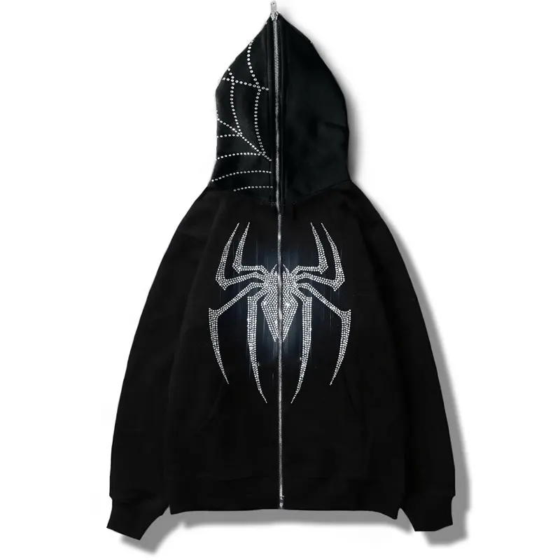 DEC Oem Custom Logo Herren Hoodies Jacke Street Wear Spider Animal Pattern Full Zip Up Hoodie Strass Herren