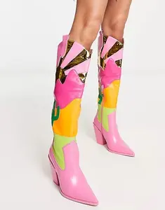 Patchwork Western Vrouwen Cowboylaarzen Leren Knie Hoge Schoenen Roze Cowgirl Puntige Neus Laarzen Cosplay Schoenen 44