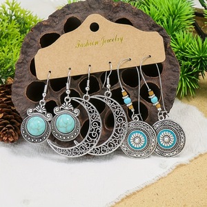 Boucles d'oreilles pendantes en alliage de bijouterie fantaisie, incrustation turquoise, plumes, style bohème, pour femmes, lot de boucles d'oreilles - Product Image 4