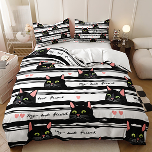 Juego de Ropa de Cama <span class=keywords><strong>Infantil</strong></span> Moderna con Estampado 3D de Gato Negro de Dibujos Animados, Juego de <span class=keywords><strong>Funda</strong></span> Nórdica de Microfibra de 3 Piezas para Uso Doméstico - Product Image 1