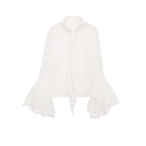 Blusa de Encaje Blanca para Mujer con Mangas Campana, Cuello Alto, Volantes, Elegante, Holgada, para Primavera/Verano, Ideal para Bodas - Product Image 1