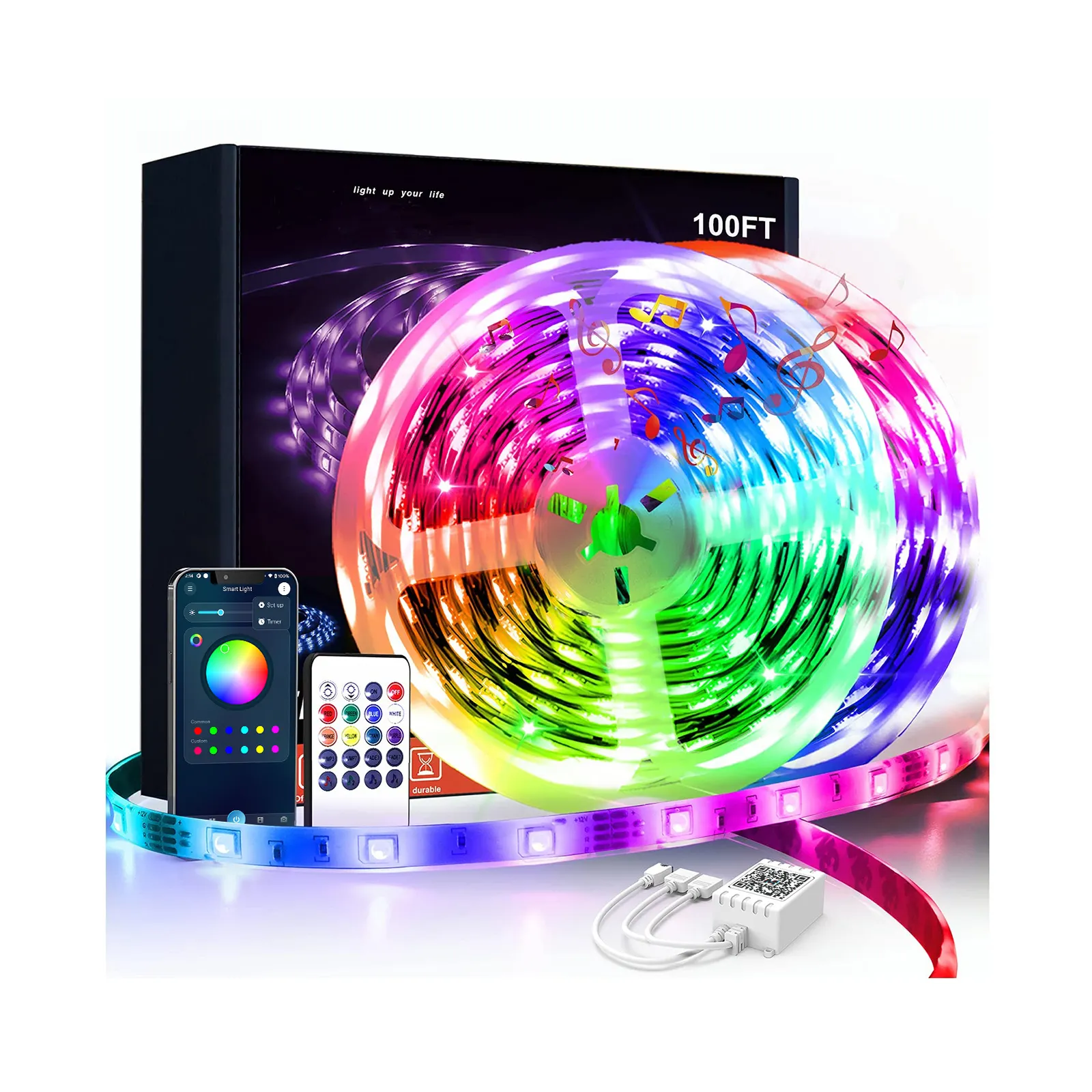 12v 100ft 30M 5050 RGB 음악 동기화 조광기 스위치 크리스마스 주변 장식 무선 APP 제어 스마트 LED 스트립 조명 세트