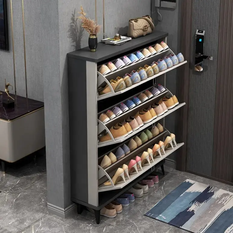 NOVA Modern Autoportante Sapato Armário De Armazenamento Móveis Sapato De Madeira Ultra Fino Economia De Espaço Flip Down Design De Luxo MDF Sapato Racks