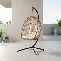 Fauteuil suspendu en forme d'œuf avec structure en acier robuste, en rotin tressé, pour patio, intérieur et extérieur, avec coussin