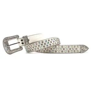 New Trend Western Luxus Weiß Kristall Strass Gürtel mit Alu Knopf Kopf Punk Designer Gürtel Herren