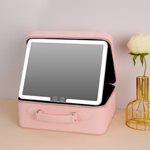 Custom Logo Rechargeable Dimmable Portable Cosmetic Vanity Make Up Folding Travel Makeup Bag Case With Led Light Mirror