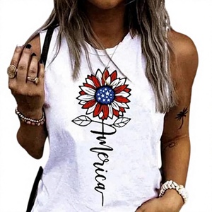 <b>Women</b> Sunflower Print <b>Tank</b> Sleeveless Crew Neck <b>Knitted</b> Woven Vest Summer Casual Tee - Product Image 4